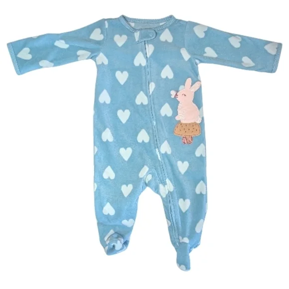 CARTER'S BABY GIRL BUNNY HEART PRINT ZIP-UP FLEECE SLEEP & PLAY SIZE 6 MONTHS - Picture 2 of 8